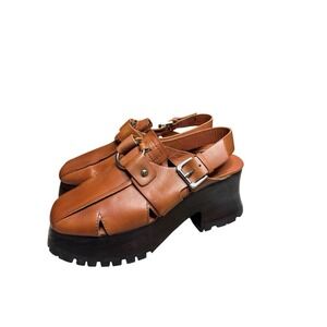 New! Free People Sz 9 Saddle Tan Leather Astoria Clogs Chunky Platform Sole